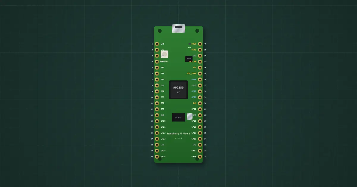 Raspberry Pi Pico 2 (RP2350A, RT6154A, RP2350) on the simulator's bench