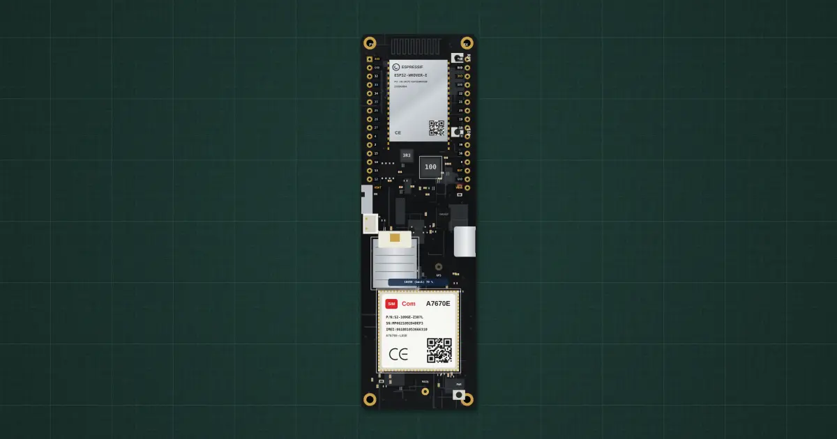 LILYGO T-SIM A7670E R2 (ESP32-WROVER-E, ESP32) on the simulator's bench