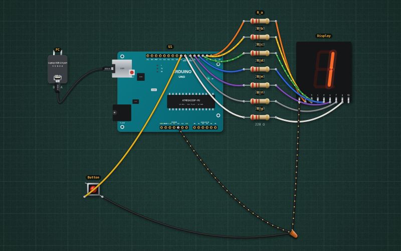 Arduino electronic dice on a 7-segment display: the circuit on the lab bench