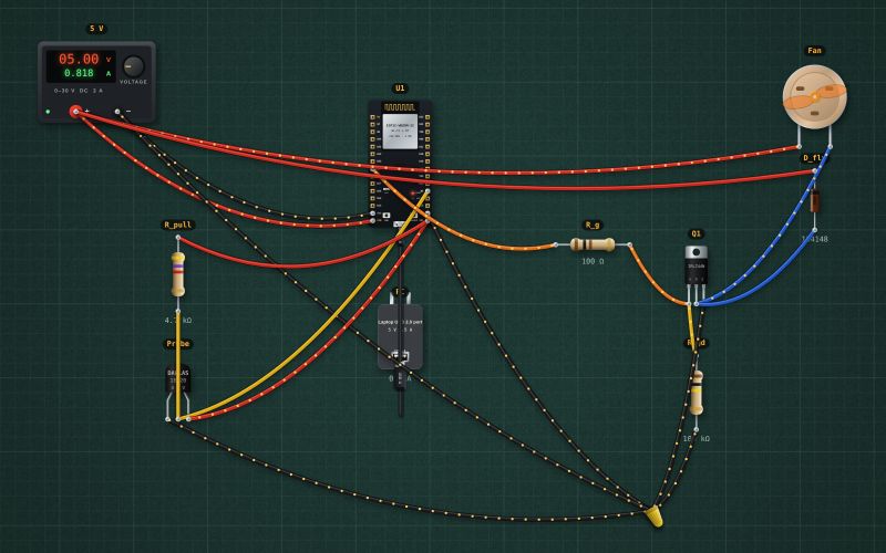 ESP32 temperature-controlled fan: DS18B20 and a MOSFET: the circuit on the lab bench