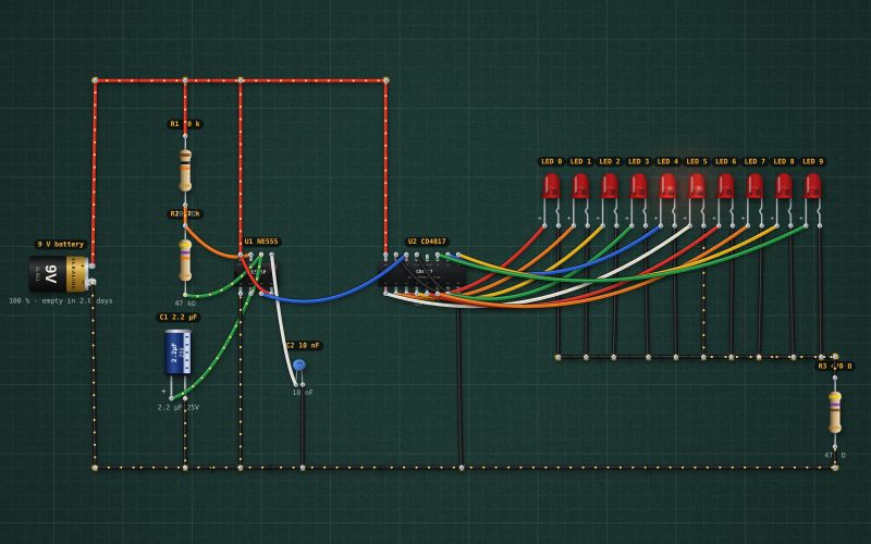 10-LED chaser: 555 + CD4017: the circuit on the lab bench