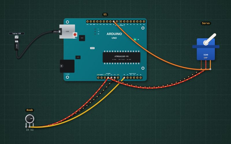 Arduino servo that follows a knob: the circuit on the lab bench