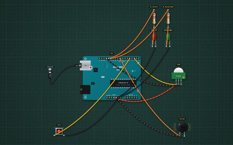 Arduino motion alarm: PIR sensor, siren and arm button: the circuit on the lab bench