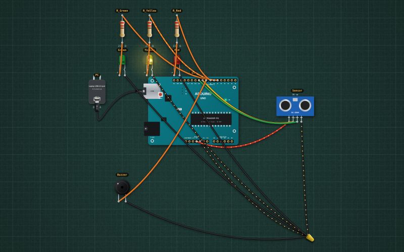 Arduino parking sensor: HC-SR04, three LEDs and a beeper: the circuit on the lab bench