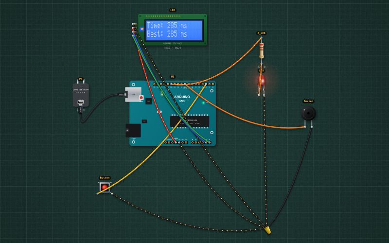 Arduino reaction-time game on an I²C LCD: the circuit on the lab bench