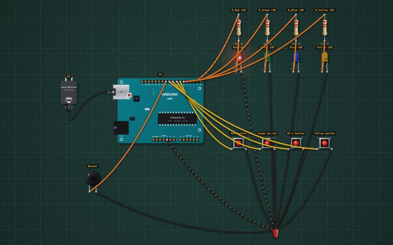 Arduino Simon memory game: four LEDs, four buttons, a buzzer: the circuit on the lab bench