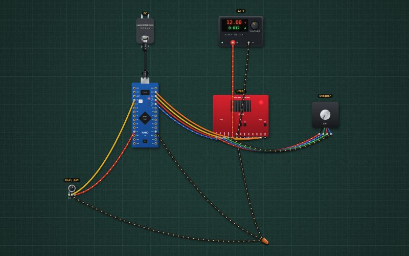 Arduino stepper that follows a dial: pot, L298N and a NEMA 17: the circuit on the lab bench