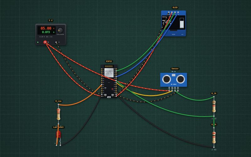 ESP32 water tank level meter: HC-SR04 and OLED: the circuit on the lab bench