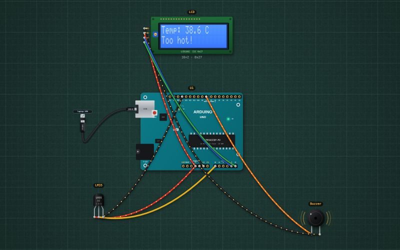 Arduino thermometer with an alarm: LM35, LCD and buzzer: the circuit on the lab bench