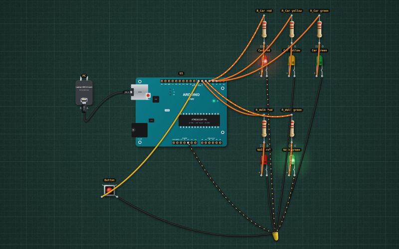 Arduino traffic light with a pedestrian button: the circuit on the lab bench