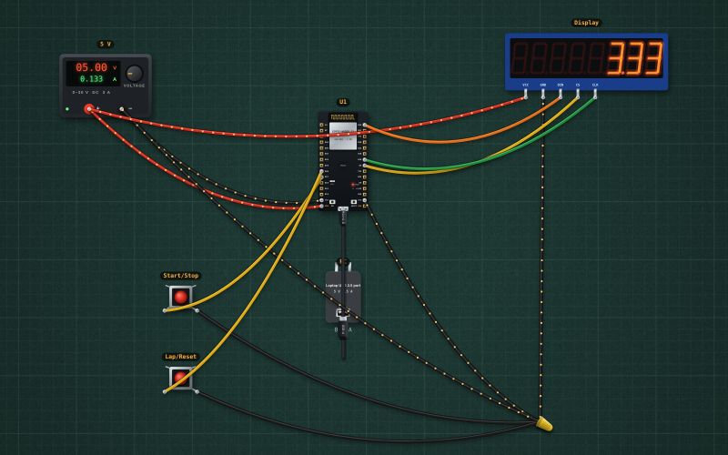 ESP32 stopwatch with lap times on an 8-digit MAX7219 display: the circuit on the lab bench