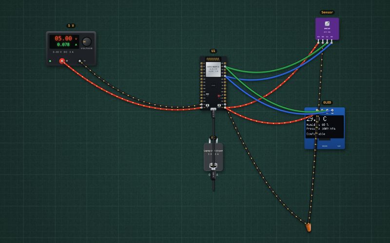 ESP32 weather station with a comfort word: BME280 and OLED: the circuit on the lab bench