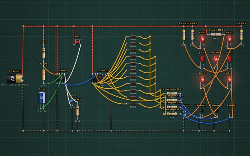 Electronic dice with real pips: 555 + CD4017 + diode logic: the circuit on the lab bench