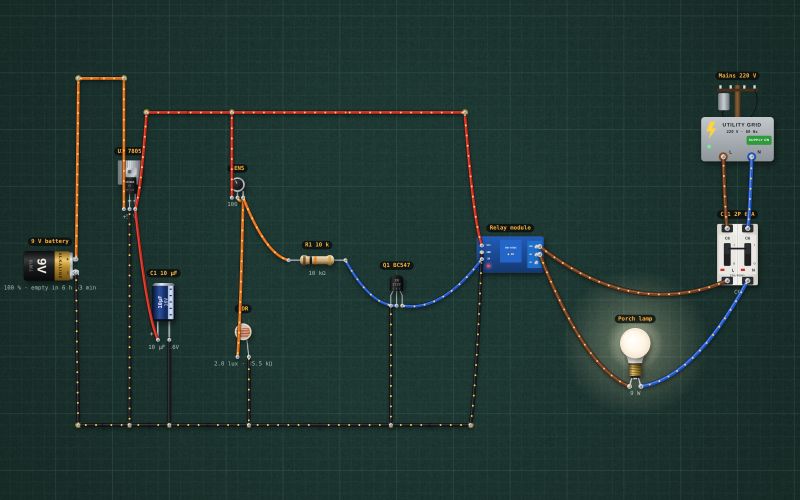 Dusk-to-dawn porch lamp: LDR switching a 220 V bulb through a relay: the circuit on the lab bench