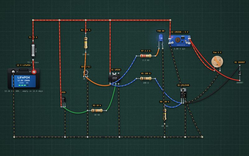 Automatic cooling fan: LM35 + LM358 + MOSFET: the circuit on the lab bench
