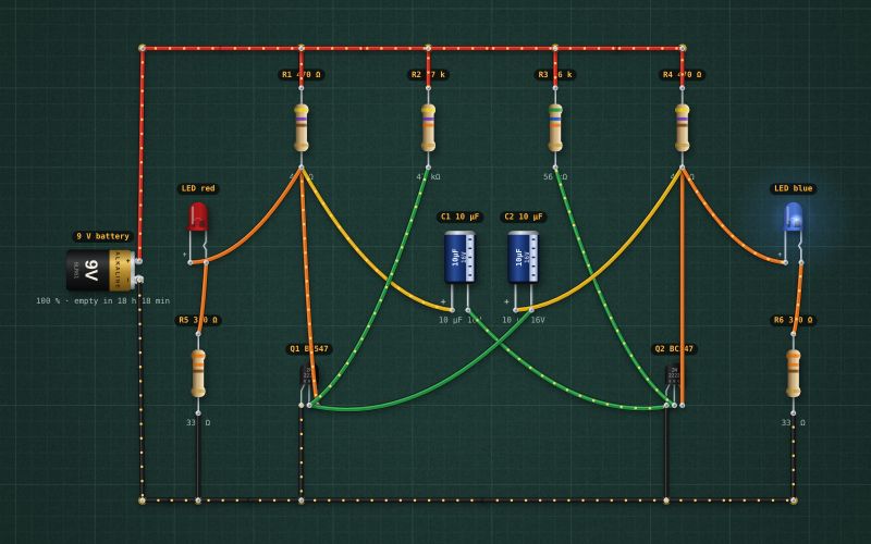 Two-transistor flasher (astable multivibrator): the circuit on the lab bench