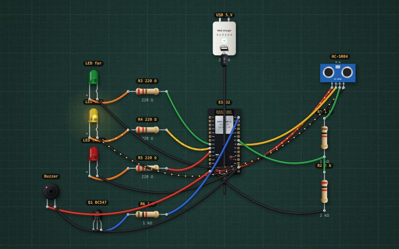 ESP32 parking sensor: HC-SR04, three LEDs and a beeper: the circuit on the lab bench