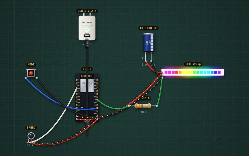 ESP32 rainbow lamp: 16 WS2812 LEDs, a speed knob and a mode button: the circuit on the lab bench