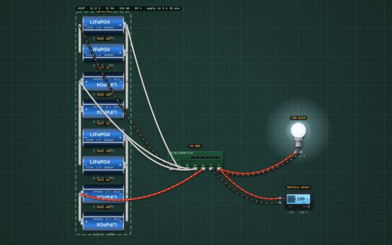 Build your own 12.8 V 12 Ah LiFePO4 pack: 4S2P 32700 cells and a BMS: the circuit on the lab bench