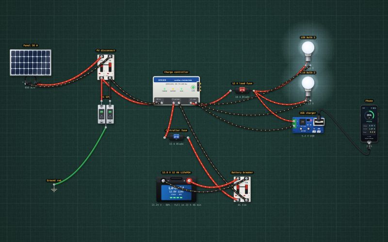 Solar lights and phone charging for one room, under ₱10,000: the circuit on the lab bench