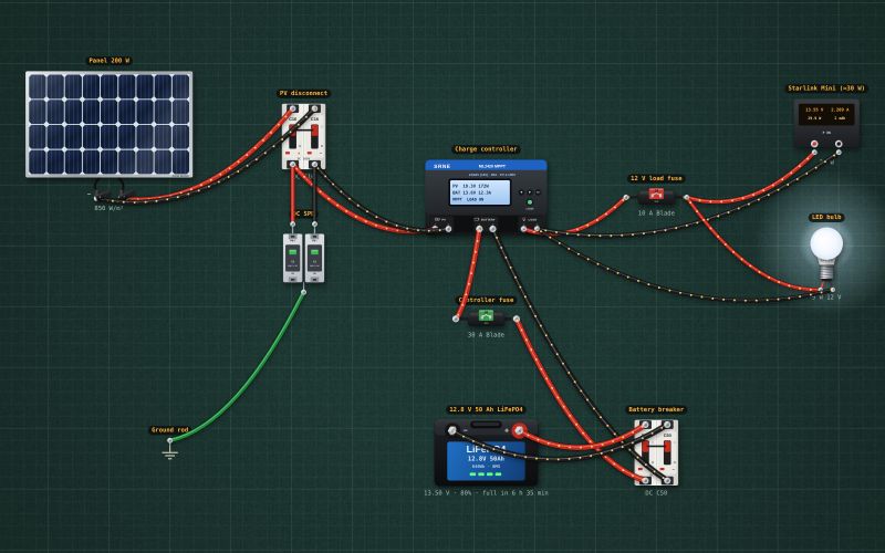 Solar power for a Starlink Mini on 12 V, under ₱20,000 (dish not included): the circuit on the lab bench