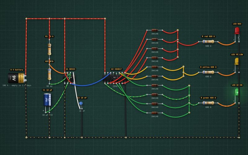 Traffic light from a 555, a CD4017 and ten diodes: the circuit on the lab bench
