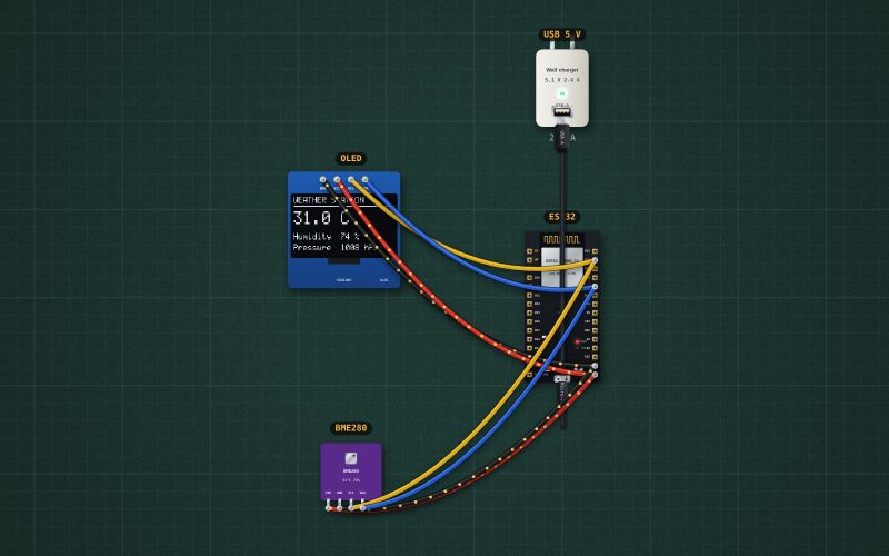 ESP32 weather station: BME280 on an OLED: the circuit on the lab bench
